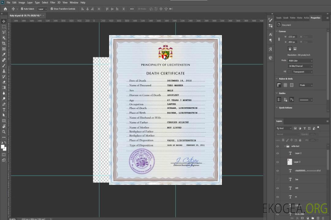 Modèle PSD de certificat de décès de l'état civil du Liechtenstein template Modèle PSD de certificat de décès de l'état civil du Liechtenstein template